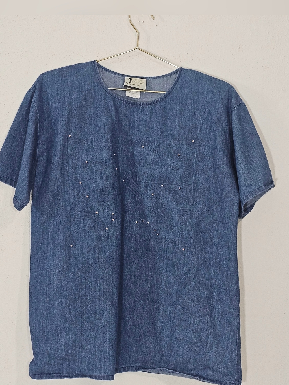Vintage Visage Denim Chambray Blouse Women's Small Blue Studded Made in USA